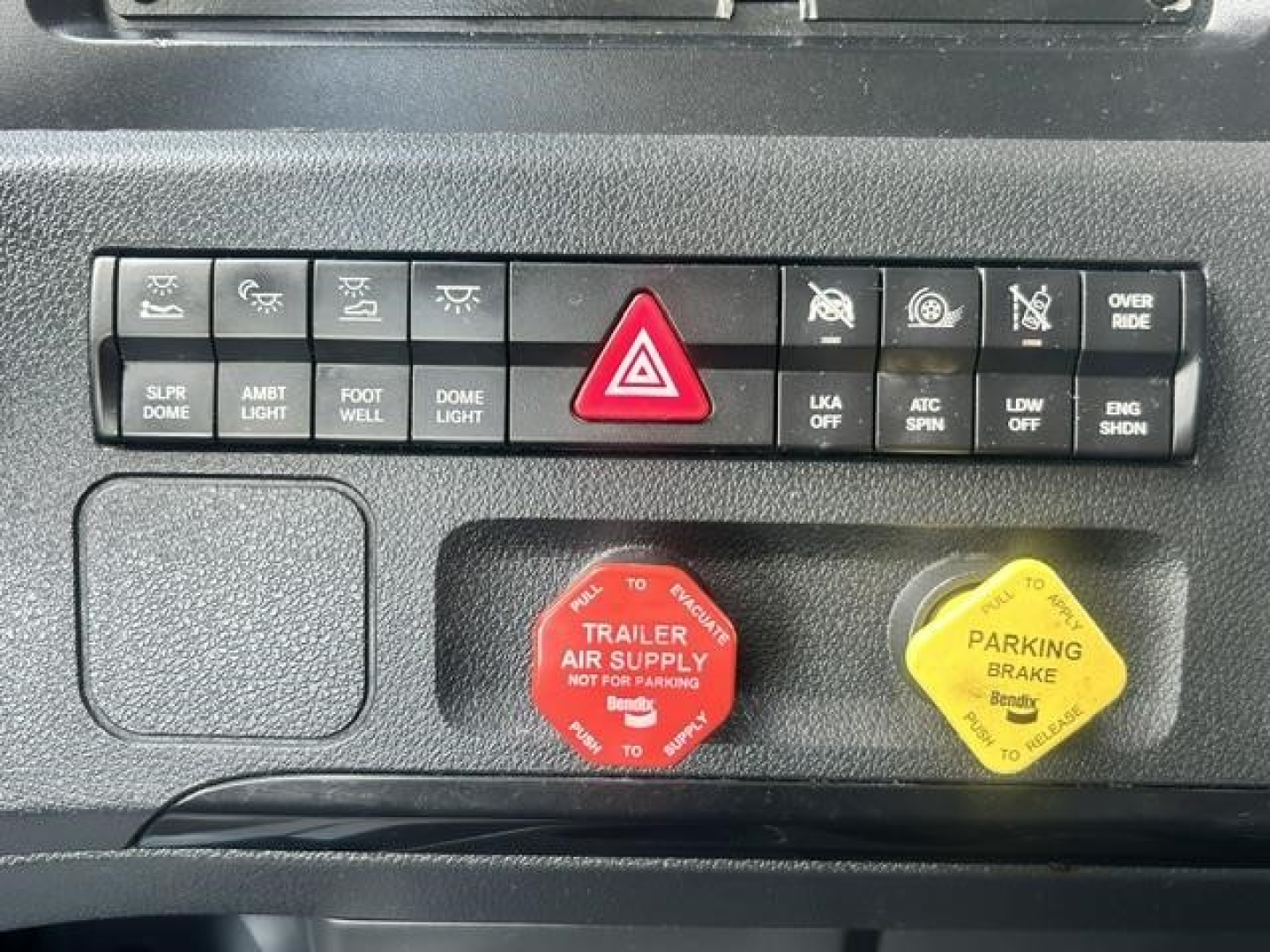 Freightliner Cascadia dash panel with hazard button and red trailer air supply knob and yellow parking brake knob.