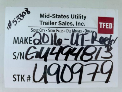 Trailer tag showing Mid-States Utility Trailer Sales, Inc. branding and handwritten make/model, serial, and stock numbers. TFED logo visible.