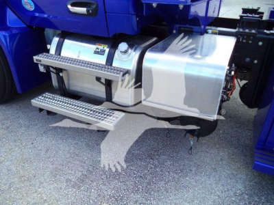 Peterbilt 536 rollback truck fuel/battery side tanks with steps, chrome fuel tanks, blue cab visible