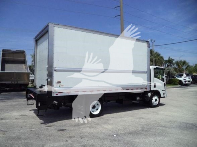 Box truck, 2020 Isuzu NPR-HD, side view showing cargo box and cab with white wheels.