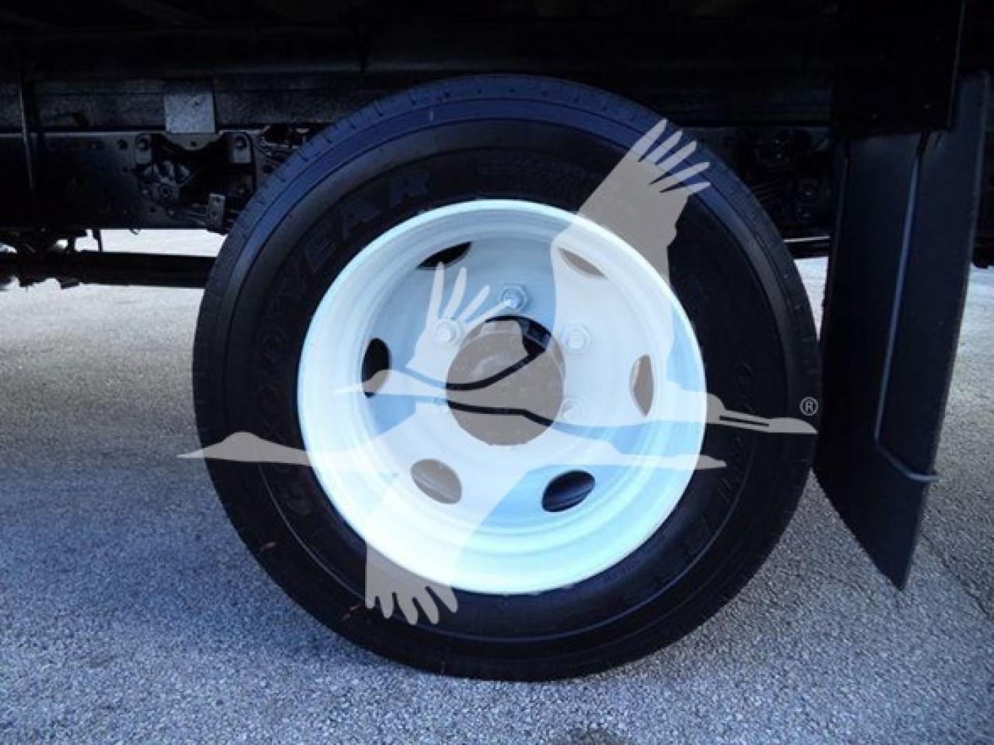 Wheel and tire on a 2020 Hino 195 refrigerated truck showing white steel wheel and tire with visible rim details.