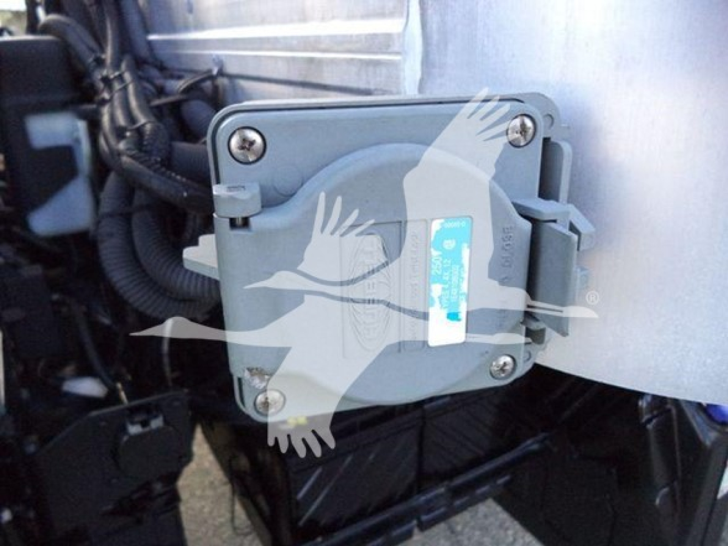 Hino 195 refrigerated truck engine bay component with label and wiring harness visible.