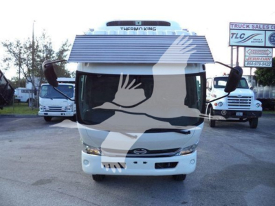 Front view of a white 2020 Hino 195 refrigerated truck with large windshield, grille, and side mirrors; dealership signs and other trucks in background.