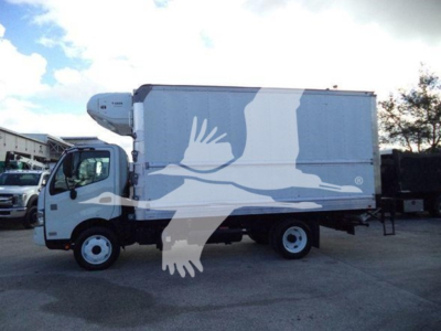 Hino 195 refrigerated truck side view showing refrigeration unit on cab and cargo box.
