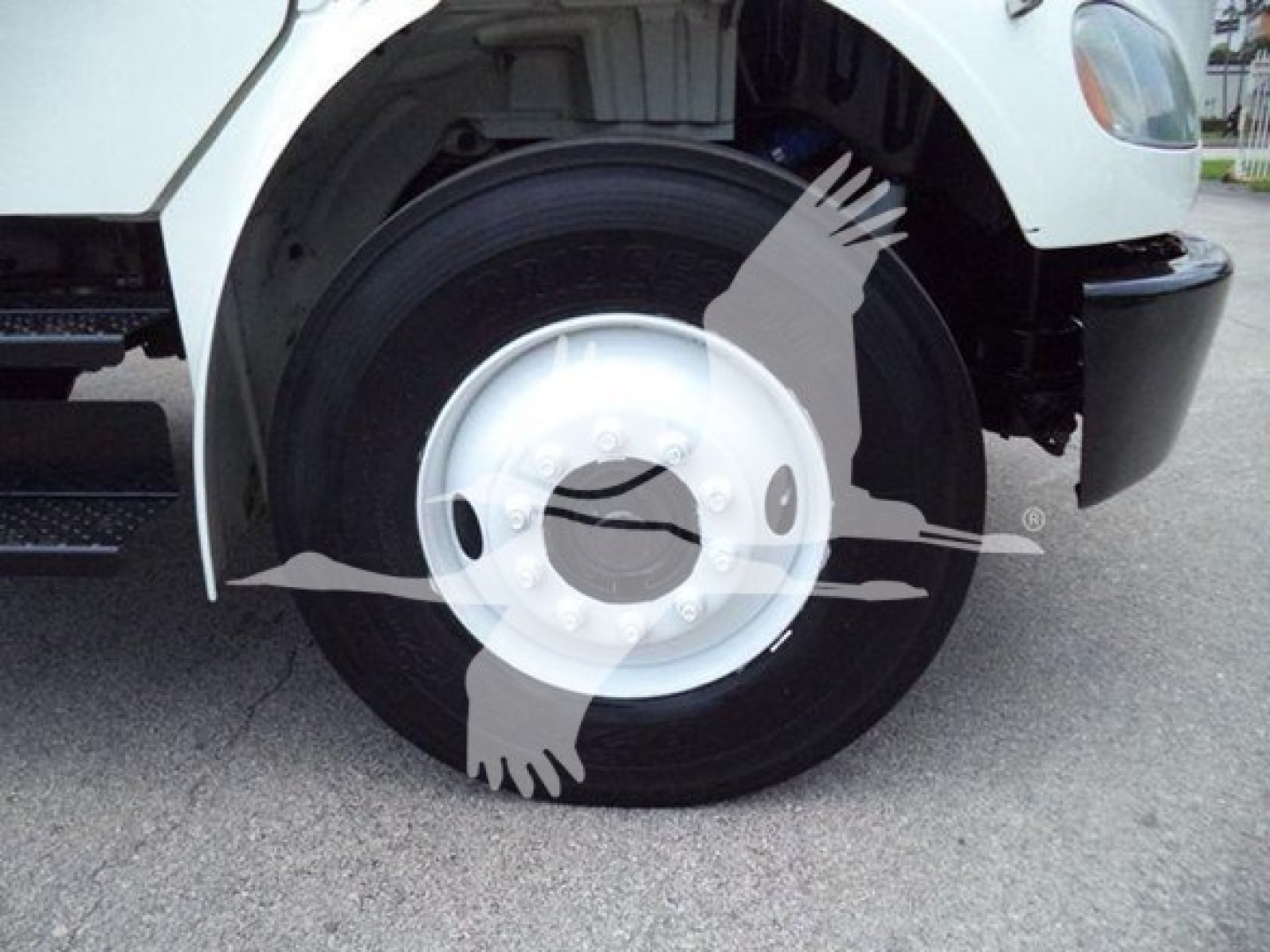 Front wheel and fender of a Freightliner M2 106 truck showing wheel and tire assembly