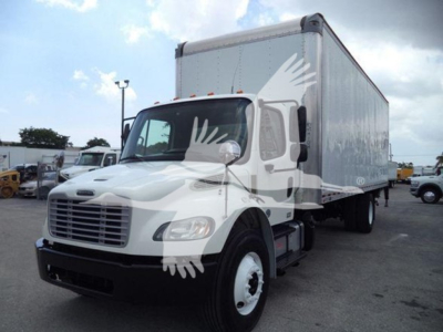 Box truck cab and cargo box of a 2020 Freightliner M2 106, white cab with attached box trailer, front grille and headlights visible.