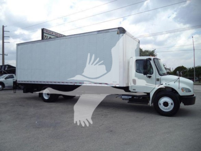 2020 Freightliner M2 106 box truck with white cab and large cargo box; side view, no other text visible on truck.