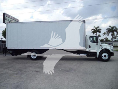 Freightliner M2 106 box truck side view with white cargo body and chassis.