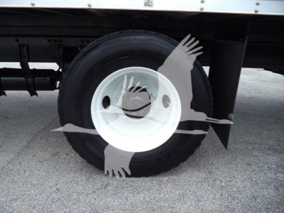 Freightliner M2 106 wheel tire assembly showing white steel wheel and tire with wheel well.