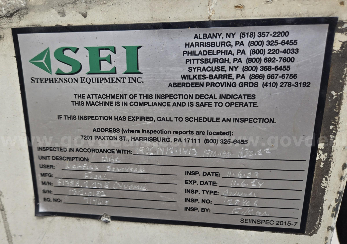 Inspection decal on a truck showing SEI Stephens On Equipment Inc. logo and contact numbers, with fields for unit description, VIN, etc. Includes ‘ALBANY, NY’, ‘HARRISBURG, PA’, ‘PHILADELPHIA, PA’ area codes and a note about con