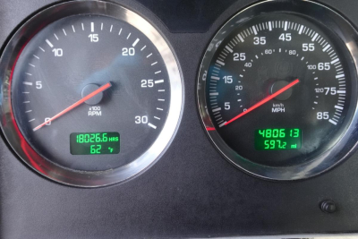 Kenworth T660 gauge cluster showing two circular gauges with digital readouts. Left gauge displays tachometer with green odometer reading '18026.6 hrs' and outside temp '62'. Right gauge shows speedometer with green reading '4806.13' and '5