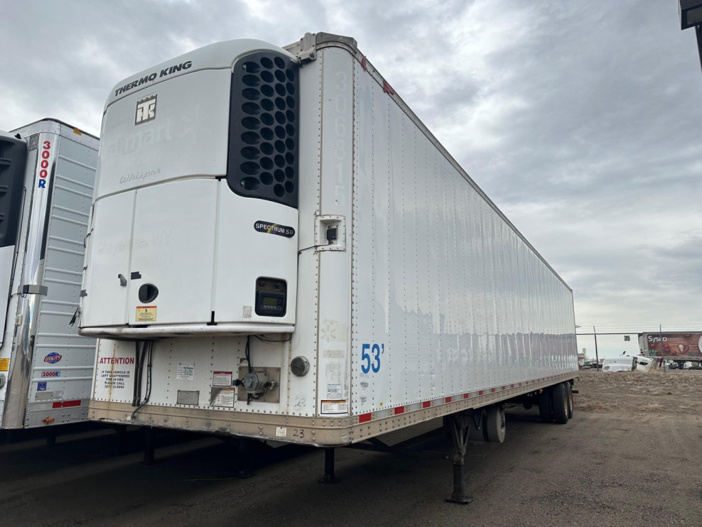 Great Dane 53' reefer trailer with TK multi-temp unit at front, white exterior, blue 53' marking, raised landing gear, side skirts, side door