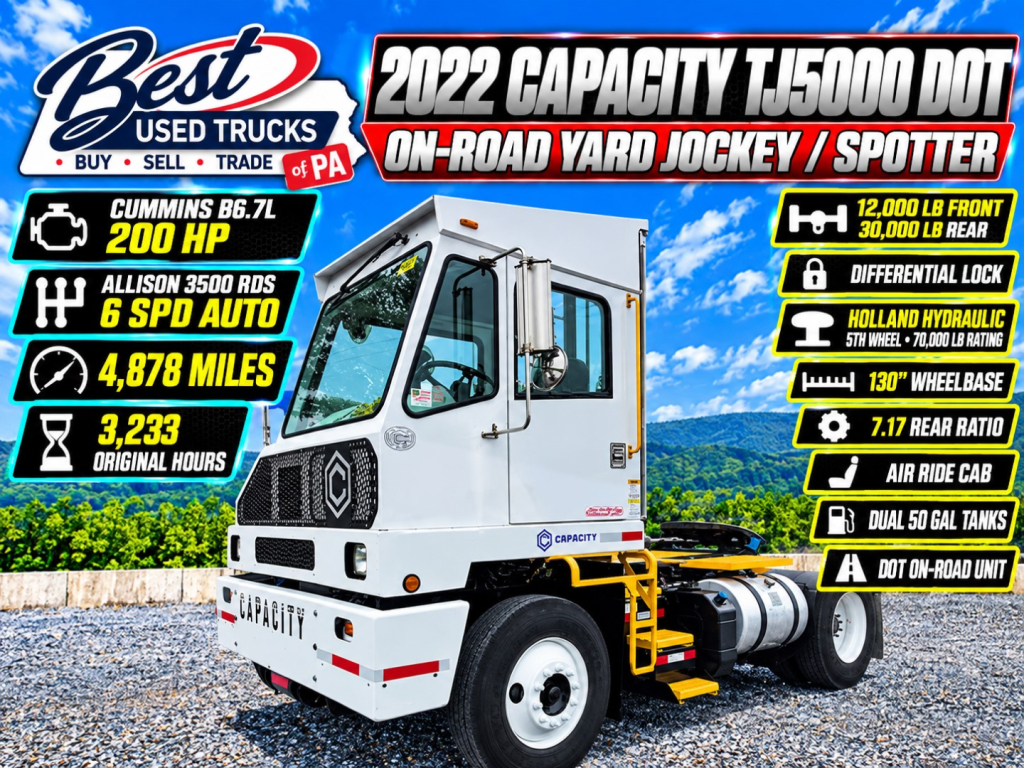 Capacity TJ5000 DOT on-road yard jockey/spotter truck showing 12,000 lb front/30,000 lb rear, dual 50 gal tanks, 130 inch wheelbase, Allison 6SPD auto, Cummins B6.7L 200 HP, Holland hydraulic, air ride cab, differential lock, rear engine ba