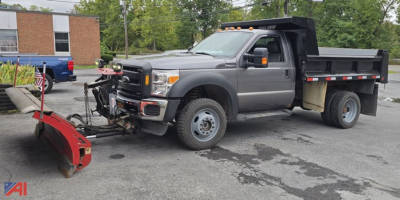 Ford F-450 XL Super Duty dump truck with plow attached in front, gray cab, black dump bed, plow mount and debris scoop visible