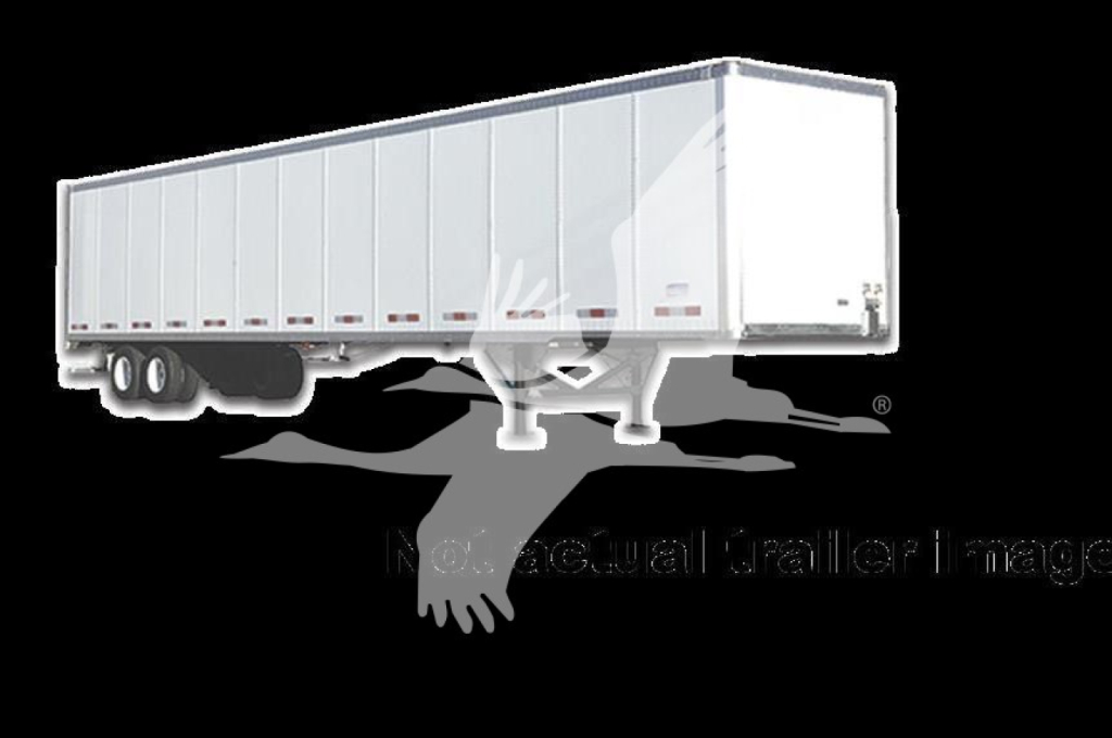 Trailer showing side view of a white Strick semi-trailer with dual rear axles and landing gear.