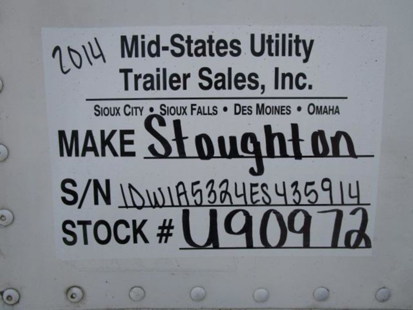 Sticker with 2014 Mid-States Utility Trailer Sales, Inc. branding. Shows S/N and stock number: S/N IDW A5324ES435914; STOCK # U90972.