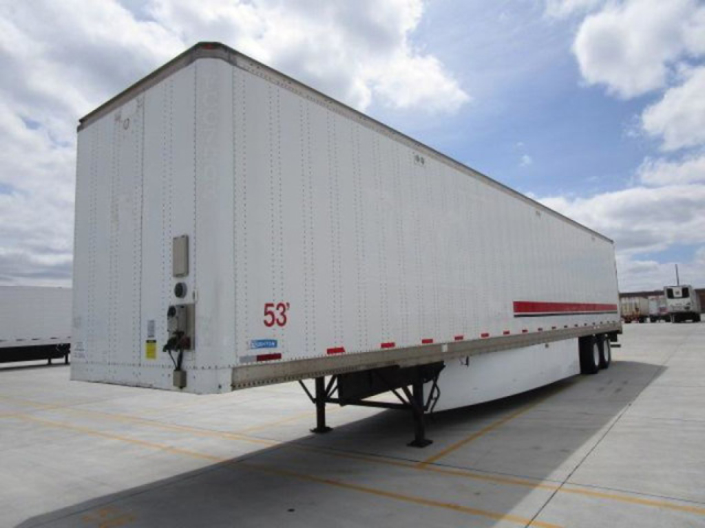Stoughton 53' dry van trailer showing side view with landing gear and wheel area visible.