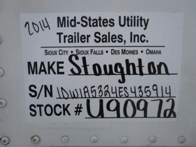 Sticker with 2014 Mid-States Utility Trailer Sales, Inc. branding. Shows S/N and stock number: S/N IDW A5324ES435914; STOCK # U90972.