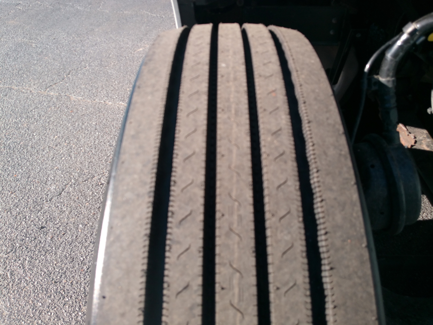 Rear drive tire tread close-up on a Peterbilt 579 truck.