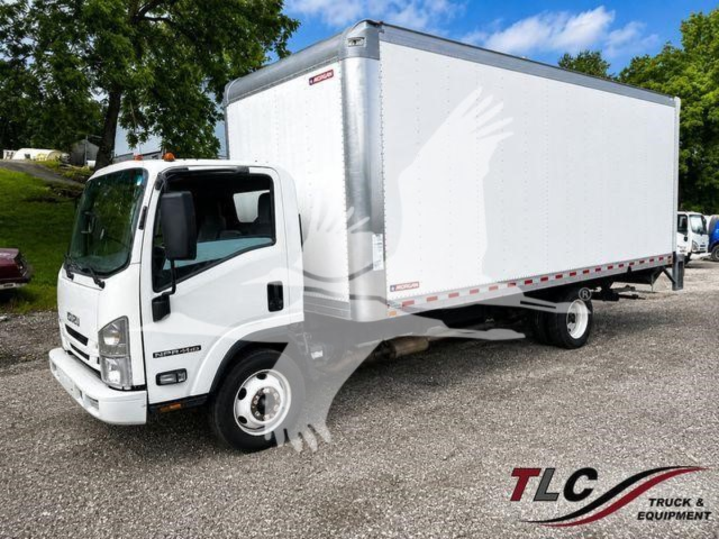 Box truck (Isuzu NPR HD) in white with a large enclosed cargo box, side view showing cab and box, stock number T03091 visible.
