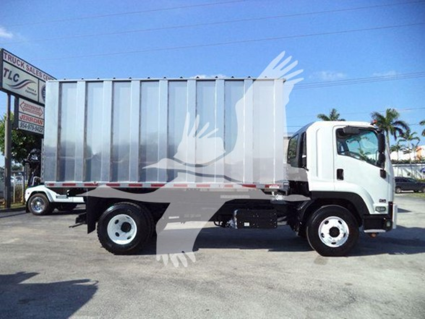 Isuzu FTR dump truck side view showing cab, silver dump body, and black chassis. No legible labels visible on body.