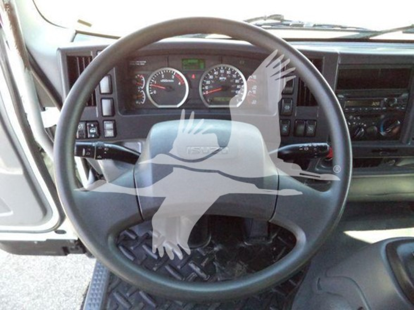 Isuzu FTR truck interior steering wheel and dashboard view showing gauges and controls.