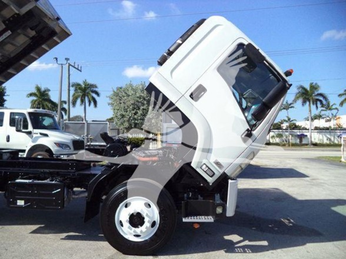 Isuzu truck cab tilted up on hoist showing front wheel and chassis; background includes other trucks and palm trees.