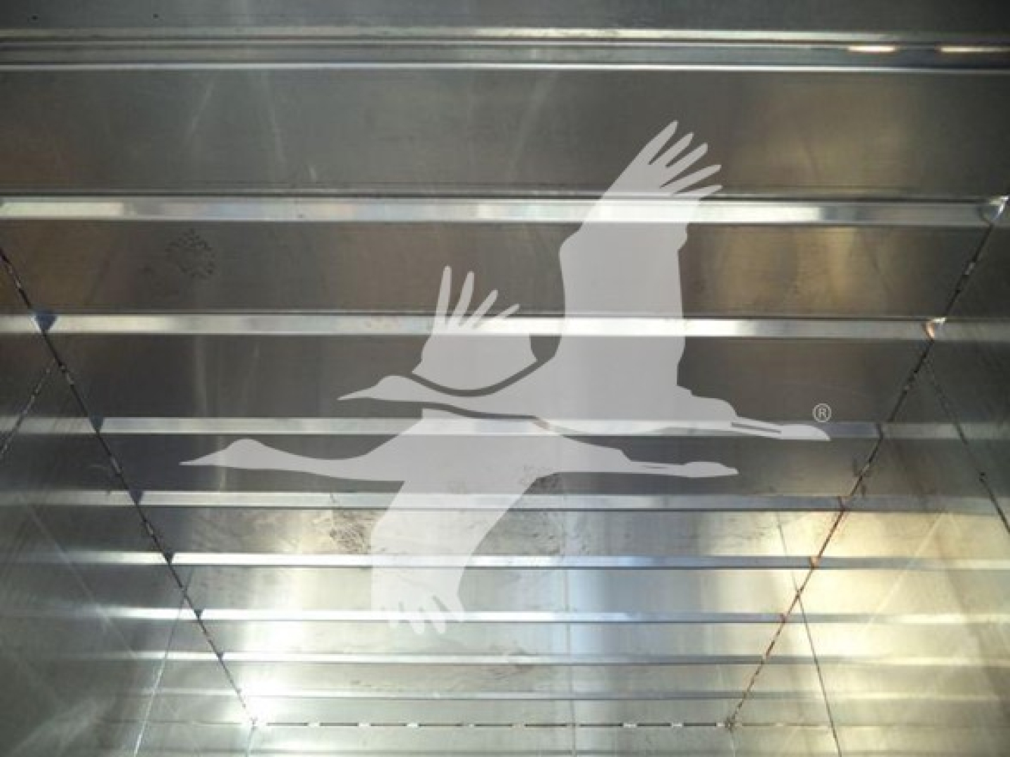Isuzu FTR truck bed interior with metal ribs and circular bird logo decal on side panel.
