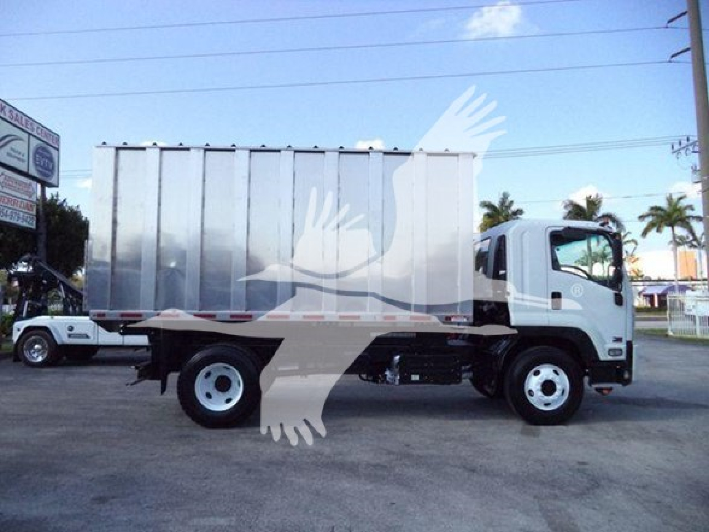 Isuzu FTR truck in side view showing cargo box and cab with white and gray colors.