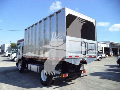 Truck rear view of 2018 Isuzu FTR flatbed/chipper with cargo area open, white wheels, and rear lights visible.