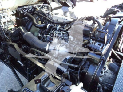 Isuzu FTR engine bay showing diesel engine with multiple hoses and components.
