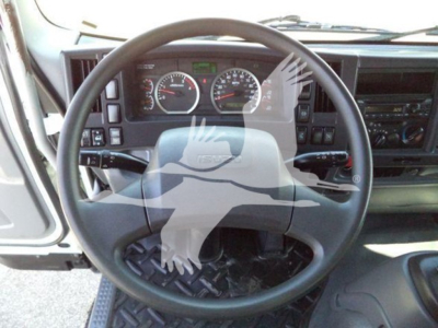 Isuzu FTR truck interior steering wheel and dashboard view showing gauges and controls.