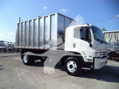 Isuzu FTR truck with a large metal dump bed chassis, side view, white cab and gray container, 2018 model year.