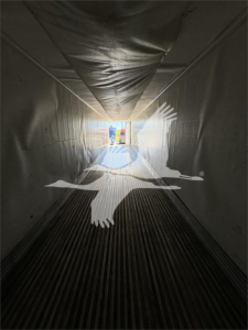 Interior of a 2011 Wabash reefer trailer showing insulated walls and ribbed floor with light at the far end. Overlay graphic of a bird in flight appears across the center.