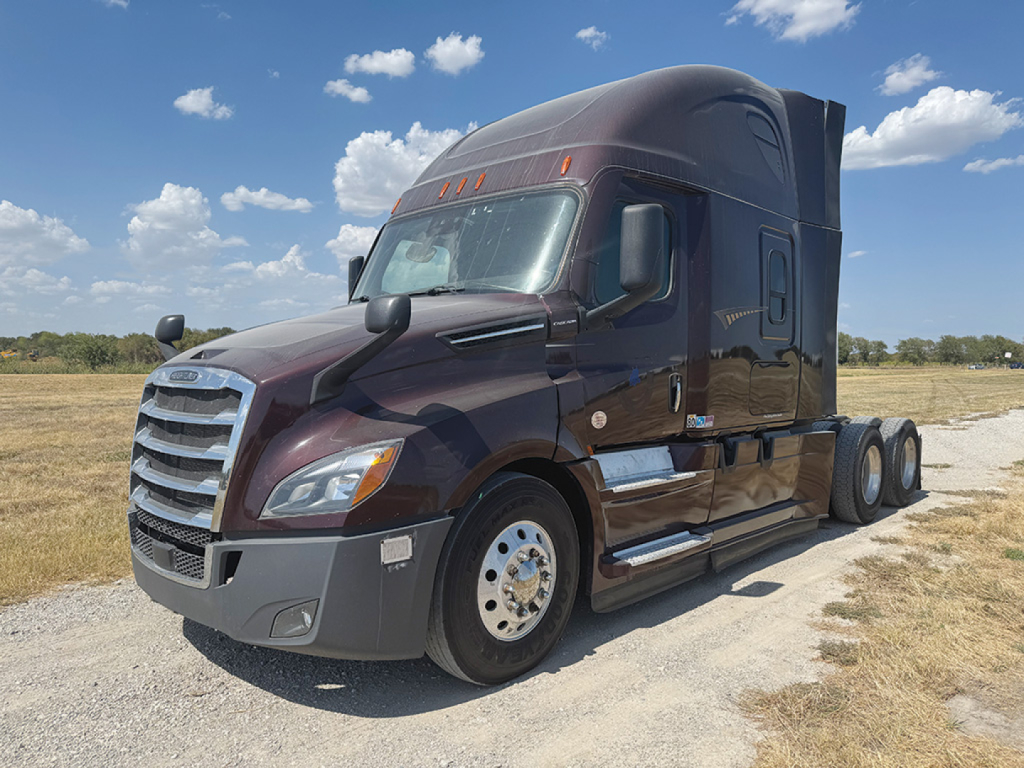 Freightliner Cascadia126 tractor in field showing grille and cab with sleeper, brown paint, front wheel and side mirrors visible.