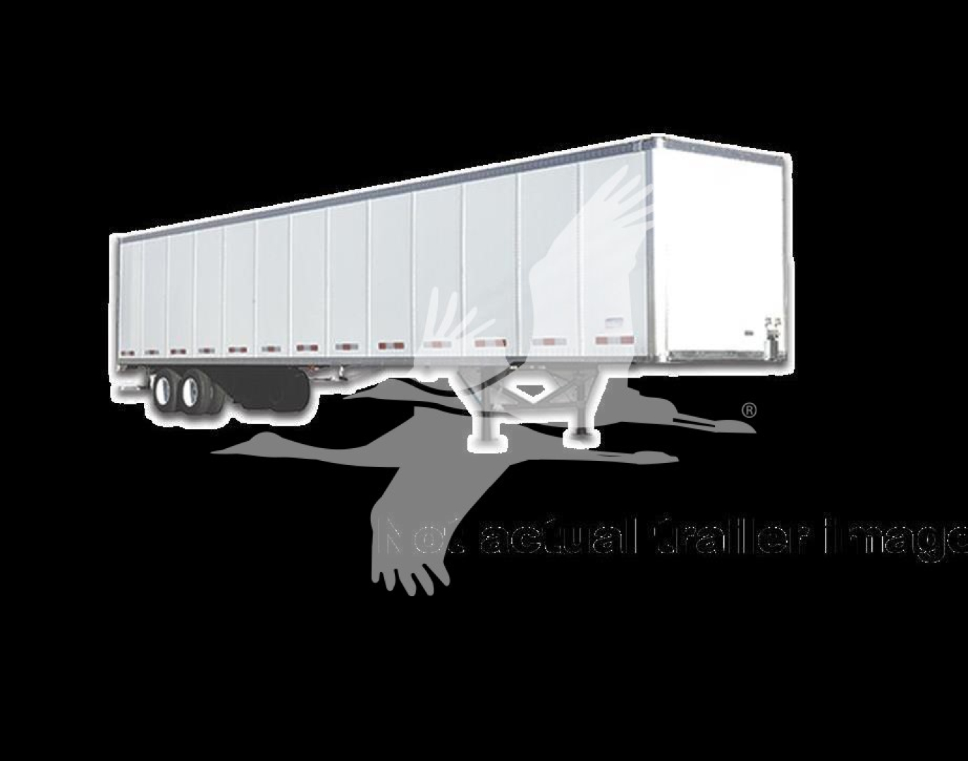 Trailering equipment: a 2009 Strick van trailer side view image, white trailer with black undercarriage, dual rear axles and landing gear visible under a black background.