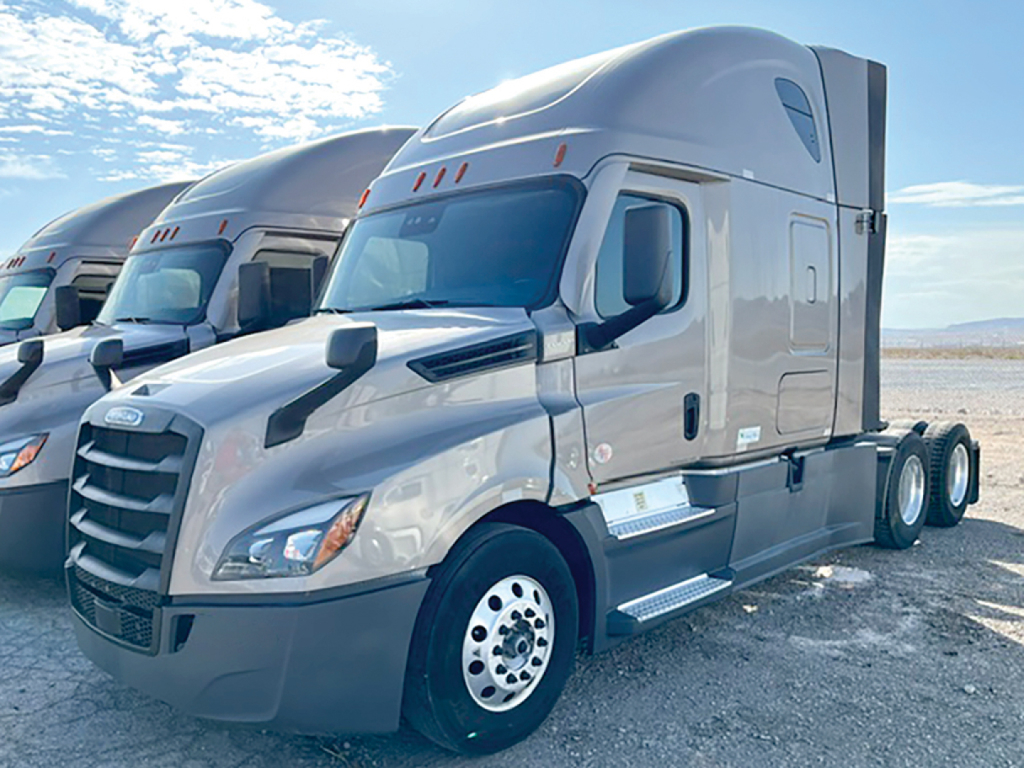 Freightliner Cascadia126 sleeper cab tractor in service showing front grille, hood, and side steps with a silver/gray paint scheme and reflection in the windows.