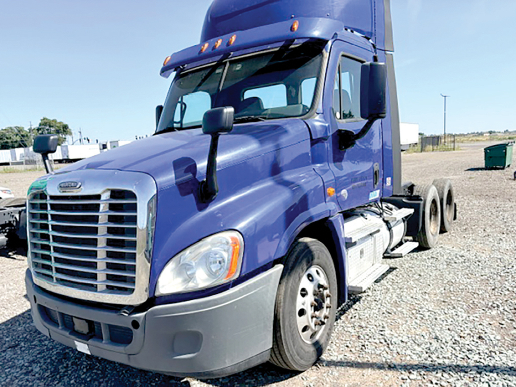 Truck cab side-view showing Freightliner Cascadia125 2015 with blue exterior and sleeper cabin, front grille, headlights, and dual rear axles on gravel lot.