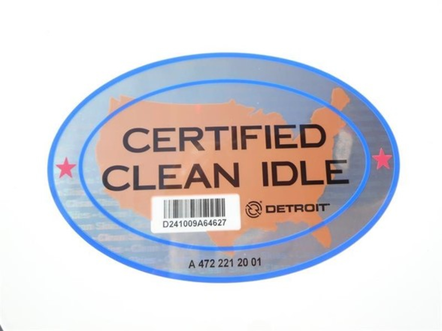Oval sticker showing CERTIFIED CLEAN IDLE with Detroit logo and barcode, blue border and peach map background.