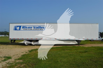  trailer showing River Valley trailer leasing logo on side of long white cargo trailer with twin axles
