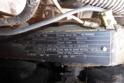 Plate on engine showing engine serial number, manufacture details and specs: Engine Serial No. 45789869; Cust Spec 9602852; Date of Mfg unknown; Tuning - TDC 14 degrees; Fuel rate at rated HP/kW 76; Date of Mfg 1981? 1992?  Date  Blarb.