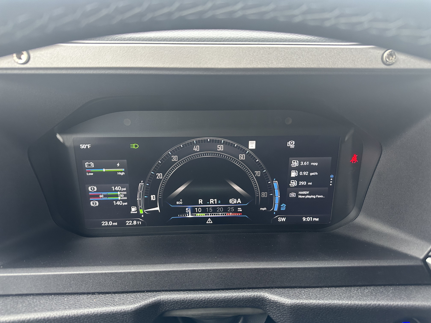 Mack PR64T76H truck dashboard display with digital gauges and warning icons.