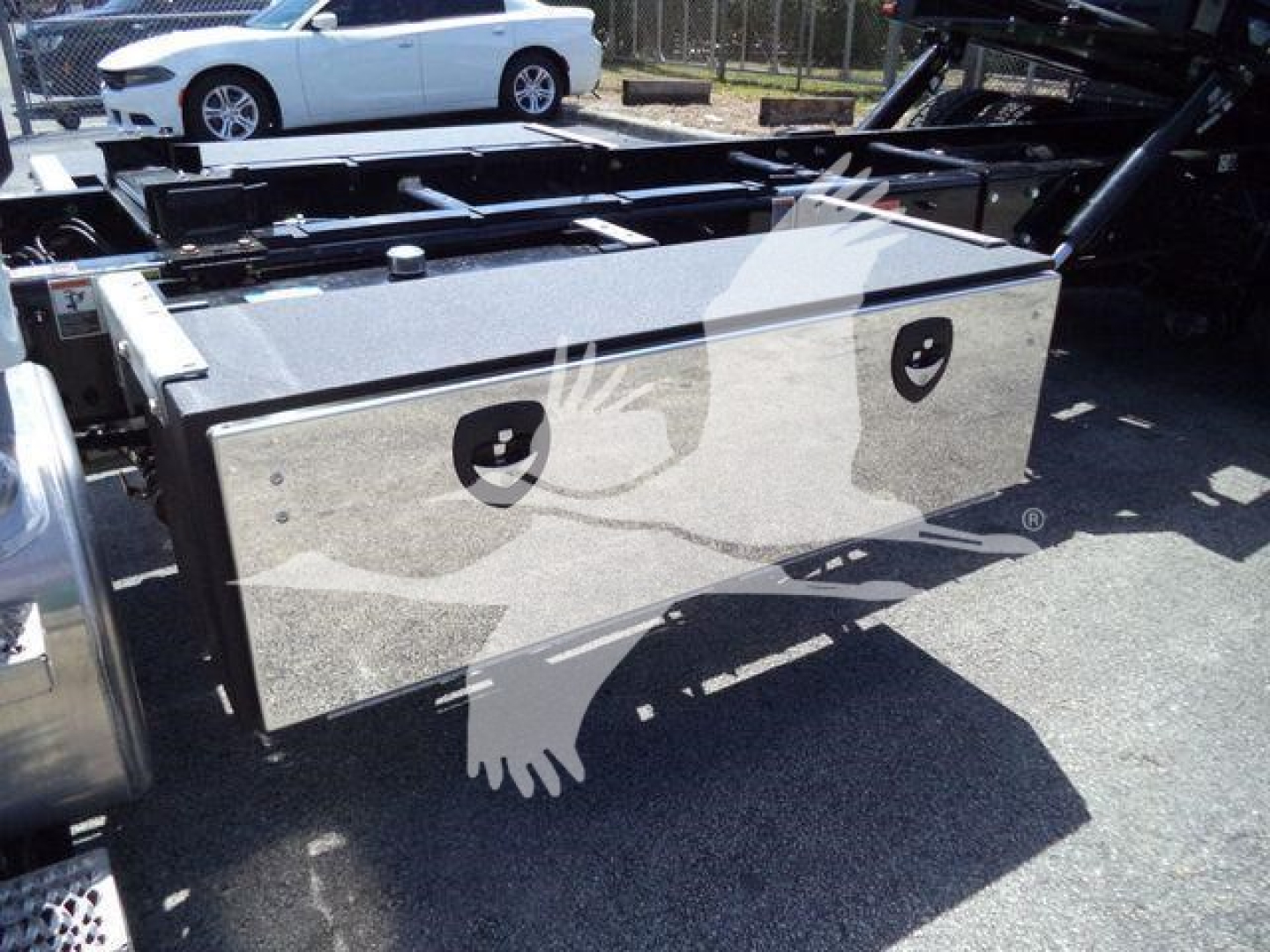 Kenworth T280 rollback truck fuel/toolbox storage box with shiny metal compartments and black frame