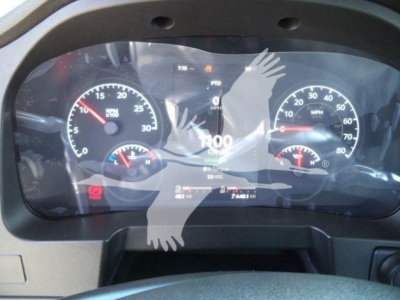 Kenworth T280 instrument cluster dashboard showing speedometer and tachometer with digital display, interior view through windshield