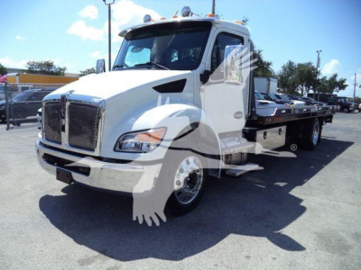 Kenworth T280 rollback tow truck in white with flatbed, shown from front-left angle.