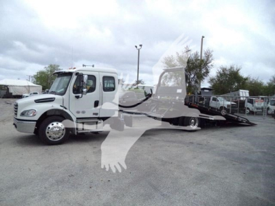 Truck: 2027 Freightliner M2 106 rollback with tow bed, white cab, flatbed/wrecker chassis, side view showing cab and equipment.