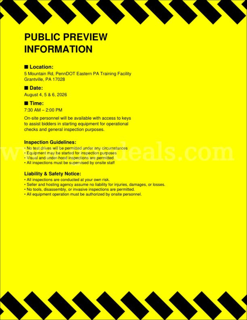 Yellow 'Public Preview Information' notice with black caution tape borders. Contains details: Location: 5 Mountain Rd, PennDOT Eastern PA Training Facility, Grwntville PA 17028; Date: August 4-5 & 6, 2026; Time: 7:30 AM – 2:00 PM; On-site