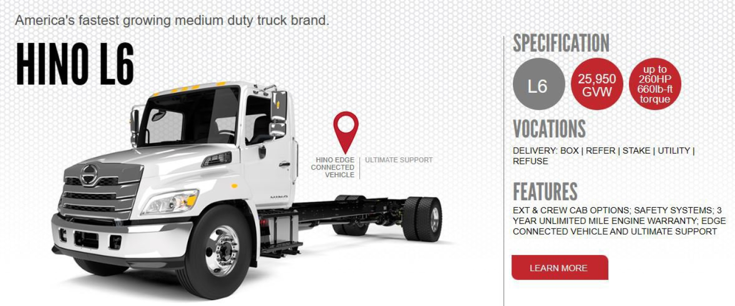 Hino L6 box truck front-left view with graphic specs panel showing L6 badge and engine features