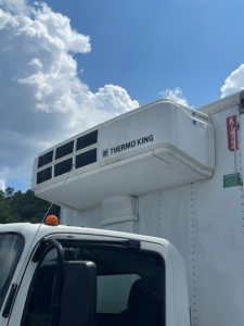 A Isuzu box truck with a Thermo King refrigeration unit mounted on the cabover, visible in a parking lot under a blue sky with clouds. Text on the unit reads THERMO KING.
