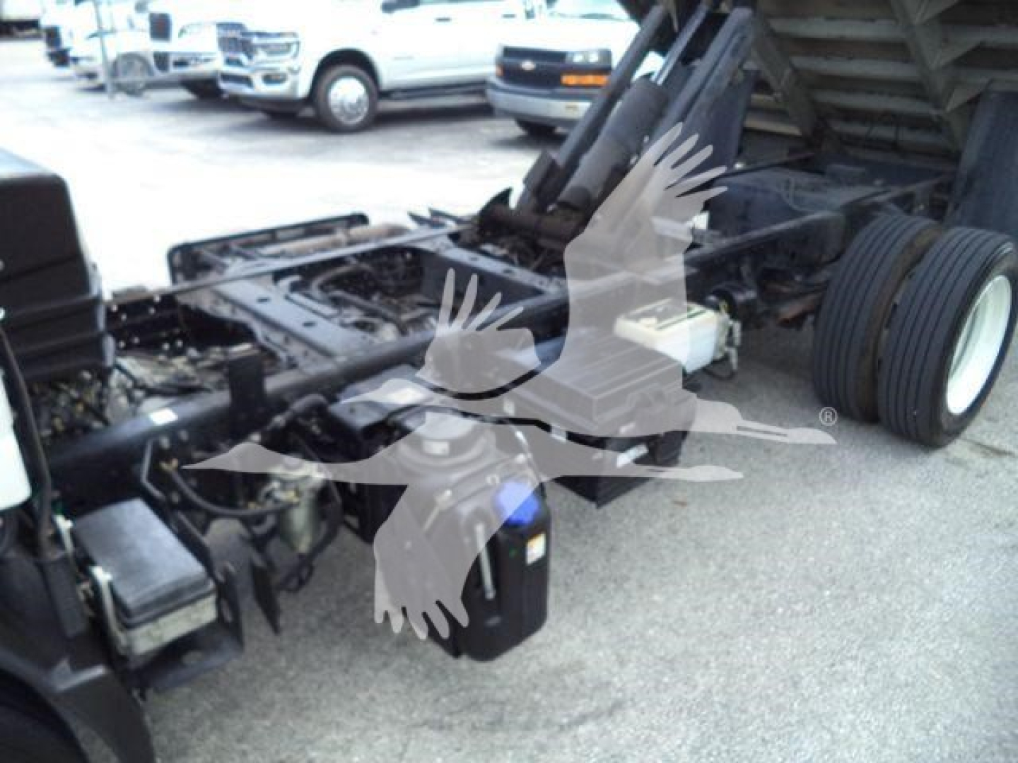 Isuzu NPR XD chassis area showing engine bay and cabless frame with white cargo tow hitch and fuel/air tanks visible